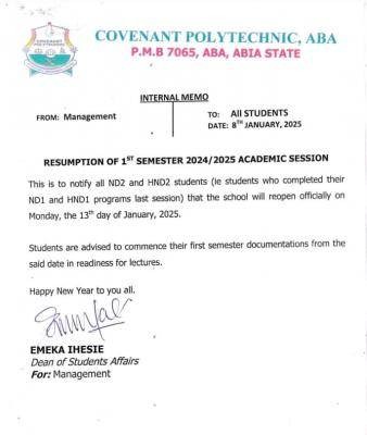 Covenant Polytechnic notice of 1st semester resumption, 2024/2025