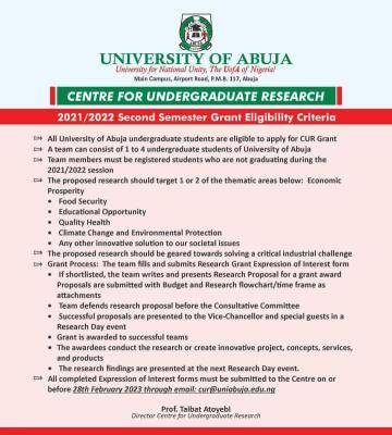 UNIABUJA 2021/2022 Second Semester Grant Eligibility Criteria