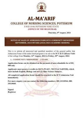 Al-ma'arif College of Nursing Sciences Community Midwifery form, 2024/2025