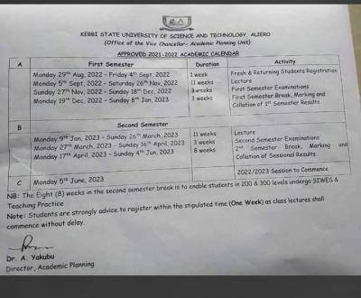 KSUSTA releases academic calendar, 2021/2022