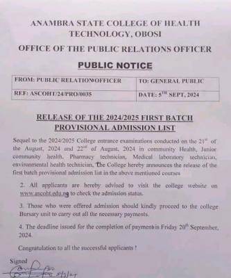 Anambra College of Health Tech releases 1st batch admission lists, 2024/2025