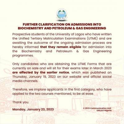 UNILAG update on admission into Biochemistry and Petroleum & Gas Engineering