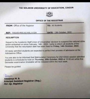 TASUED announces resumption date and matriculation date for 2021/2022 session