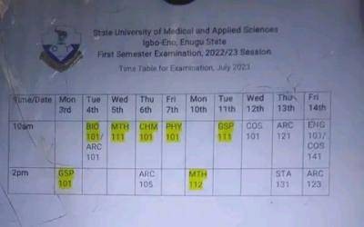 SUMAS first semester examination timetable, 2022/2023 session