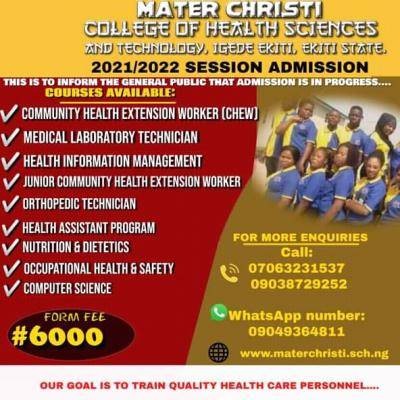 Mater Christi Catholic College of Health Technology Admission, 2021/2022 session