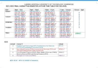 LAUTECH final harmattan semester lecture time table for 100 level students, 2021/2022