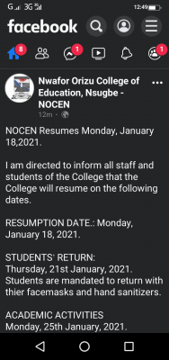 NOCEN notice on resumption of academic activities