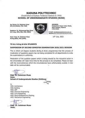 KADPOLY notice on suspension of 2nd semester exam 2020/2021 session