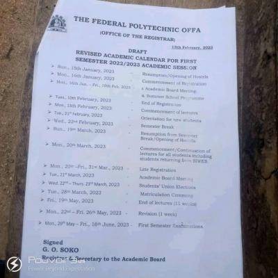 Fed Poly, Offa revised academic calendar for 1st semester, 2022/2023