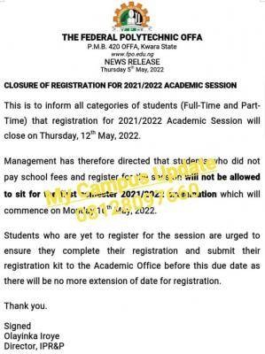 Fed Poly Offa notice on closure of course registration