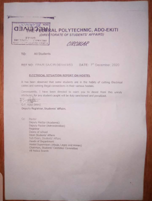 Fed Poly Ado-Ekiti notice to students in hostels