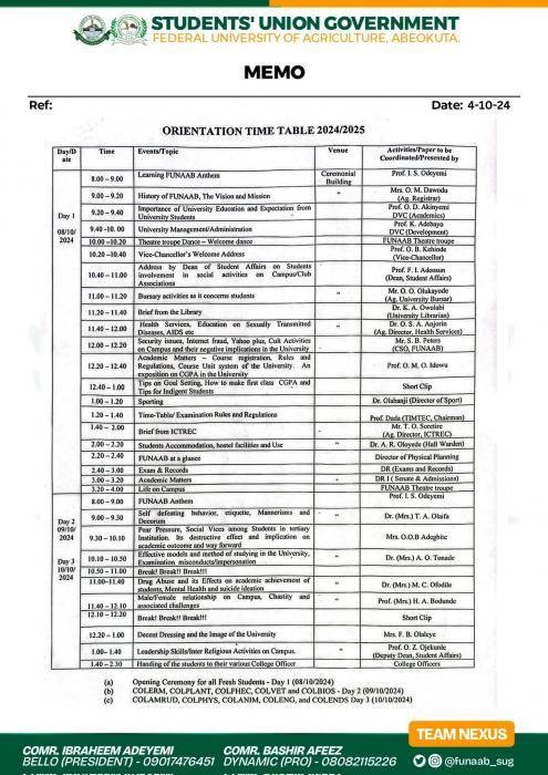 FUNAAB SUG Orientation Timetable for Incoming Students, 2024/2025