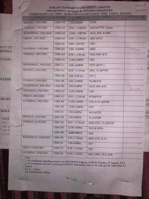 UDUS first semester examination timetable, 2020/2021