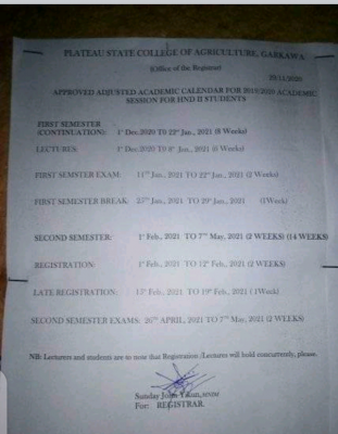 Plateau State COA adjusted academic Calendar, 2019/2020 for HND II Students