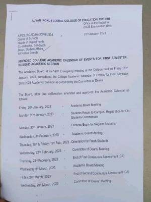 Alvan Ikoku COE amended academic calendar of events, 1st semester, 2022/2023