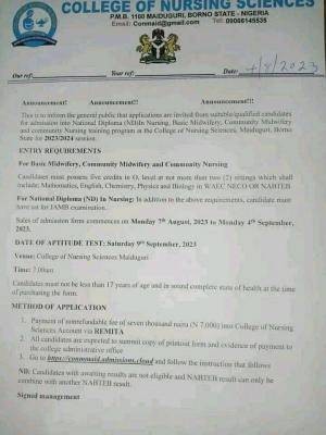 College of Nursing Science, Maiduguri announces admission forms, 2023/2024