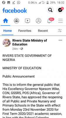 Rivers State first term resumption date for nursery and primary schools