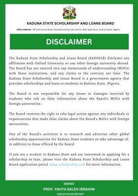 Kaduna State Scholarship & Loan Board disclaimer notice to general public