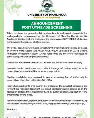 University of Mkar notice of Post-UTME screening exercise, 2024/2025