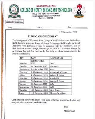 Nasarawa College of Health Science and Tech. announces 2020 screening date