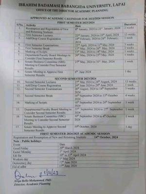 IBBU approved academic calendar for the 2023/2024 academic session