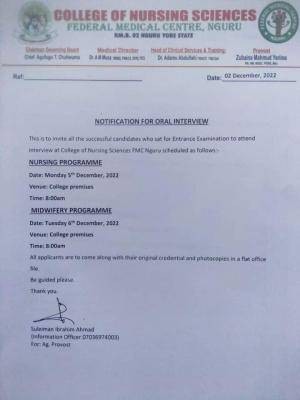 College of Nursing Science, Nguru Oral interview notice