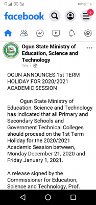 Ogun state ministry of education announces 1st term holiday for 2020/2021 session