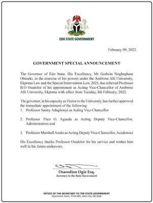 Edo State Governor Appoint new Acting VC for AAU Ekpoma