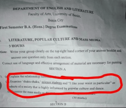 "Shaku Shaku, "Science Students" Appear In UNIBEN Semester Exam Questions