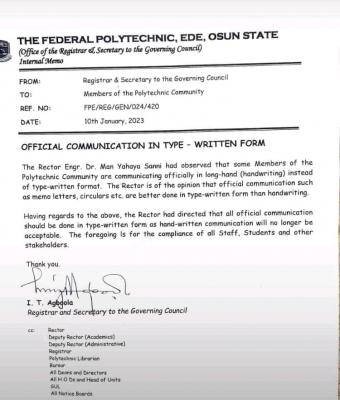 Fed Poly Ede notice to the polytechnic community