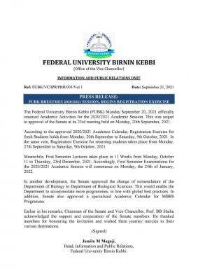 FUBK resumes 2020/2021 session, announces deadline for course registration