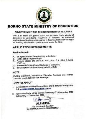 Borno State Ministry of Education announces recruitment of teachers