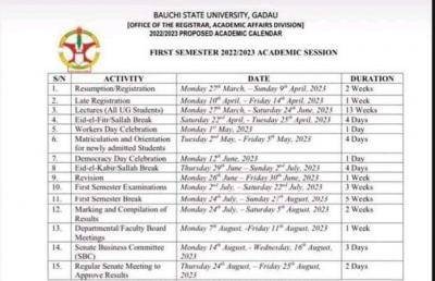 BASUG proposed academic calendar, 2022/2023