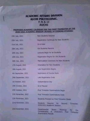 Auchi Poly SPAT first trimester academic calendar, 2020/2021