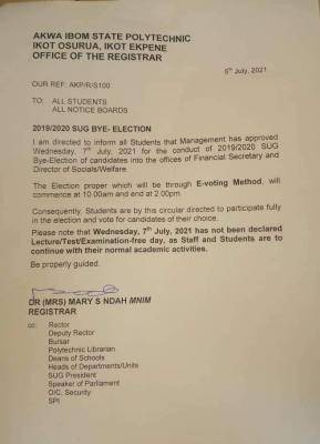 Akwa Poly notice on SUG bye-elections