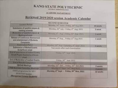 Kano Polytechnic revised academic calendar for 2019/2020 session