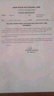 OSPOLY notice to staff and students on yellow fever mass vaccination