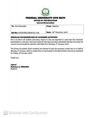 FUOYE circular on resumption of academic activities