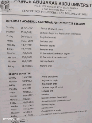 Kogi State University Diploma I Programme 2020/2021 Academic Calendar