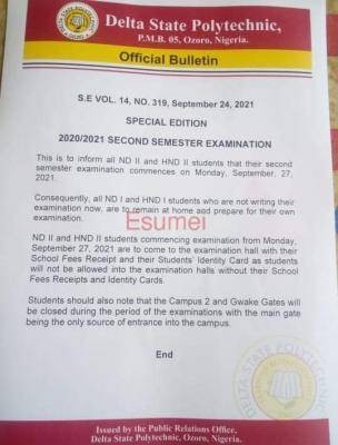 Delta Poly Ozoro notice on second semester examination, 2020/2021