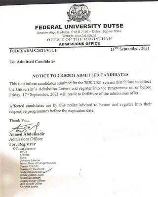 FUDutse notice to to newly admitted students, 2020/2021