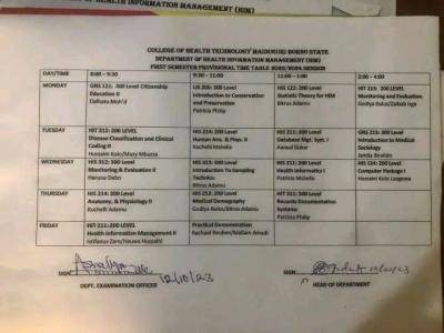 College of Health Technology Maiduguri first semester provisional examination timetable, 2023/2024 session