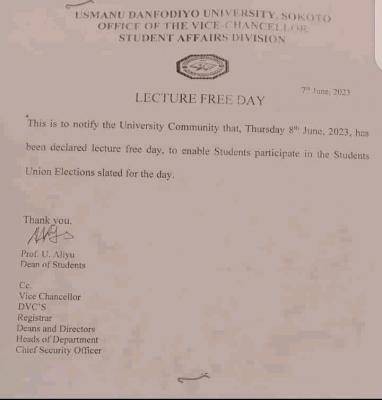 UDUS declares 8th June a lecture free day