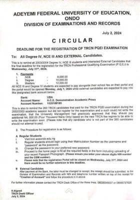 ACEONDO deadline for TRCN PQEI exam registration for degree, NCE & external candidates