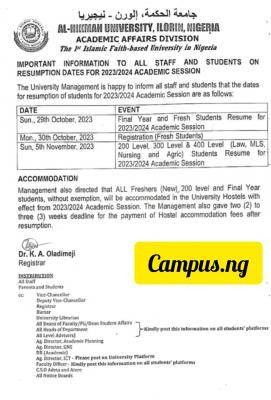 Al-Hikmah University notice on commencement of academic activities, 2023/2024