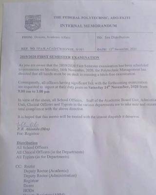 Fed Poly Ado issues notice on 2019/2020 first semester examination