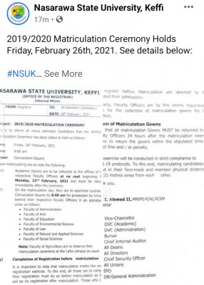 NSUK matriculation ceremony for 2019/2020 session