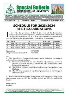 ABU Zaria schedule for resit examinations, 2023/2024