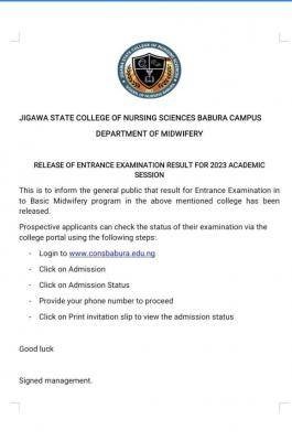 Jigawa State College of Nursing entrance examination results