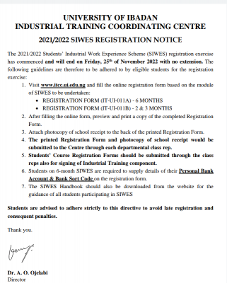 UI notice on SIWES registration deadline, 2021/2022